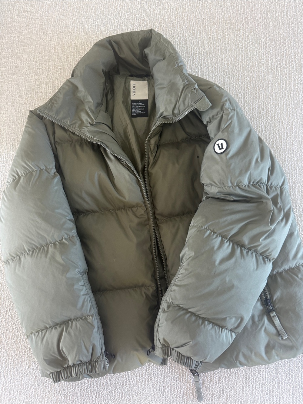 Vuori Light Olive Quilted Jacket with Logo Tag